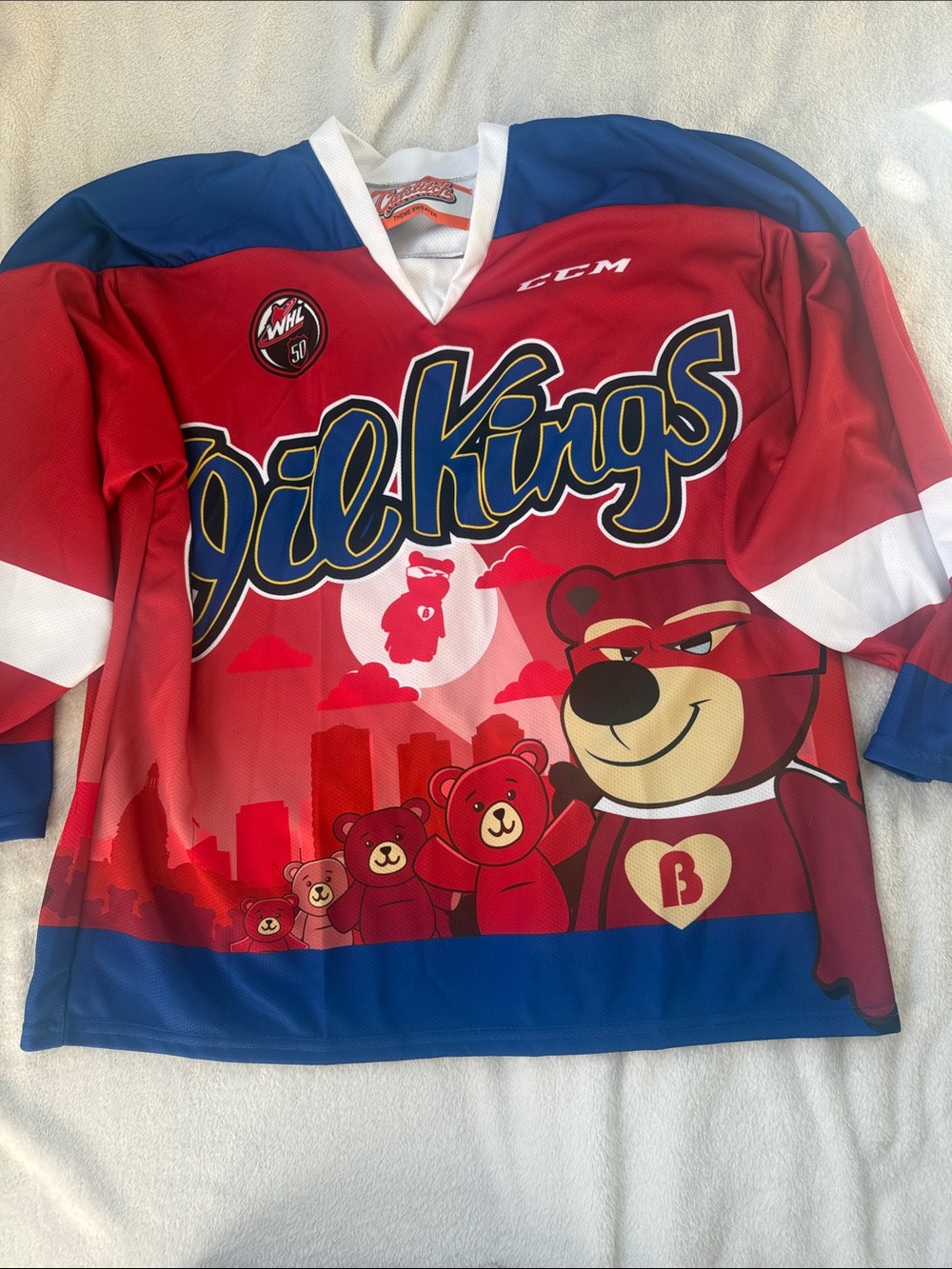 CCM Oil Kings Youth Hockey Jersey in Red, Blue & White